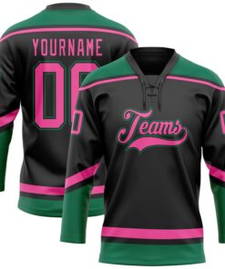 Custom Black Pink-Kelly Green Hockey Lace Neck Jersey
