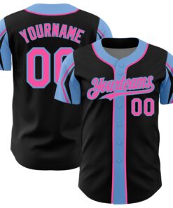 Custom Black Pink-Light Blue 3 Colors Arm Shapes Authentic Baseball Jersey