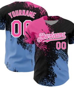 Custom Black Pink-Light Blue 3D Pattern Design Abstract Brush Stroke Authentic Baseball Jersey