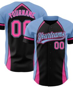 Custom Black Pink-Light Blue 3D Pattern Design Curve Solid Authentic Baseball Jersey