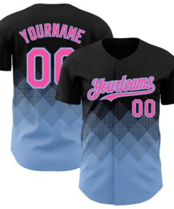 Custom Black Pink-Light Blue 3D Pattern Design Gradient Square Shapes Authentic Baseball Jersey