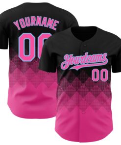 Custom Black Pink-Light Blue 3D Pattern Design Gradient Square Shapes Authentic Baseball Jersey