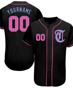 Custom Black Pink-Light Blue Authentic Baseball Jersey
