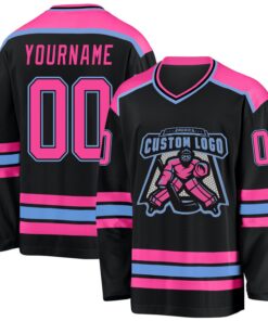 Custom Black Pink-Light Blue Hockey Jersey