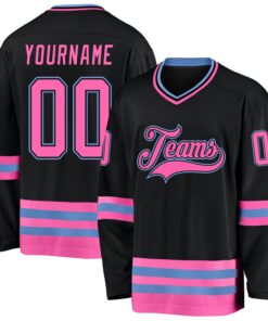 Custom Black Pink-Light Blue Hockey Jersey