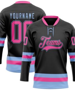 Custom Black Pink-Light Blue Hockey Lace Neck Jersey
