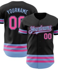 Custom Black Pink-Light Blue Line Authentic Baseball Jersey