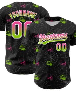 Custom Black Pink-Neon Green 3D Gothic Style Fluorescence Skull Authentic Baseball Jersey