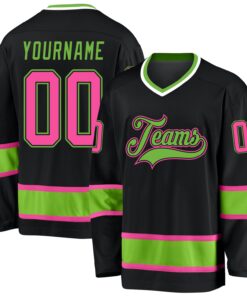 Custom Black Pink-Neon Green Hockey Jersey