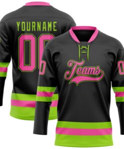 Custom Black Pink-Neon Green Hockey Lace Neck Jersey