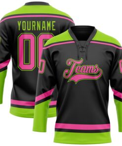 Custom Black Pink-Neon Green Hockey Lace Neck Jersey