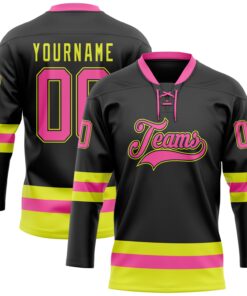 Custom Black Pink-Neon Yellow Hockey Lace Neck Jersey
