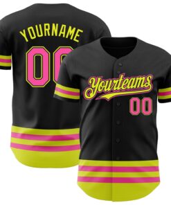 Custom Black Pink-Neon Yellow Line Authentic Baseball Jersey