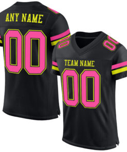 Custom Black Pink-Neon Yellow Mesh Authentic Football Jersey