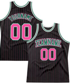 Custom Black Pink Pinstripe Pink-Kelly Green Authentic Basketball Jersey