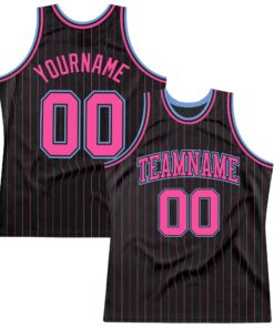 Custom Black Pink Pinstripe Pink-Light Blue Authentic Basketball Jersey