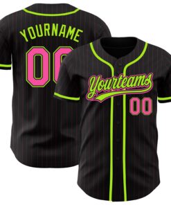 Custom Black Pink Pinstripe Pink-Neon Green Authentic Baseball Jersey