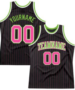 Custom Black Pink Pinstripe Pink-Neon Green Authentic Basketball Jersey