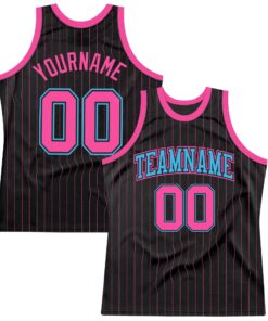 Custom Black Pink Pinstripe Pink-Sky Blue Authentic Basketball Jersey