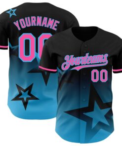 Custom Black Pink-Sky Blue 3D Pattern Design Gradient Style Twinkle Star Authentic Baseball Jersey