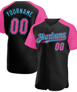 Custom Black Pink-Sky Blue Authentic Raglan Sleeves Baseball Jersey