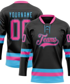 Custom Black Pink-Sky Blue Hockey Lace Neck Jersey