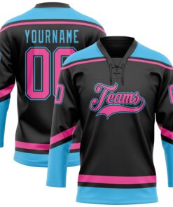 Custom Black Pink-Sky Blue Hockey Lace Neck Jersey