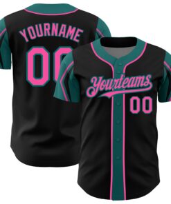Custom Black Pink-Teal 3 Colors Arm Shapes Authentic Baseball Jersey