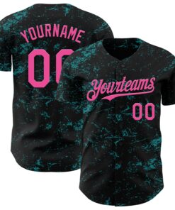 Custom Black Pink-Teal 3D Pattern Design Abstract Splatter Texture Authentic Baseball Jersey