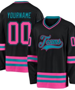 Custom Black Pink-Teal Hockey Jersey