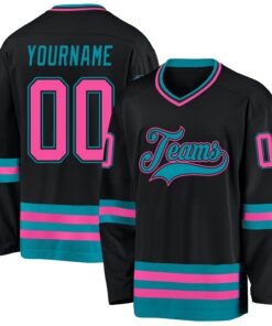 Custom Black Pink-Teal Hockey Jersey
