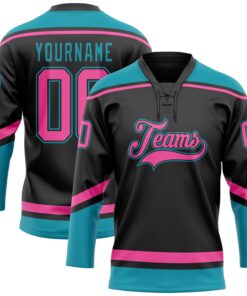 Custom Black Pink-Teal Hockey Lace Neck Jersey
