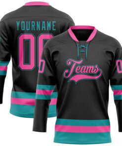 Custom Black Pink-Teal Hockey Lace Neck Jersey