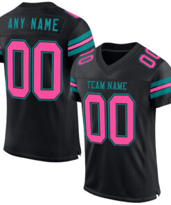 Custom Black Pink-Teal Mesh Authentic Football Jersey