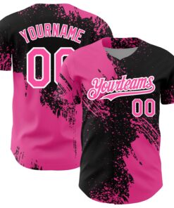 Custom Black Pink-White 3D Pattern Design Abstract Brush Stroke Authentic Baseball Jersey