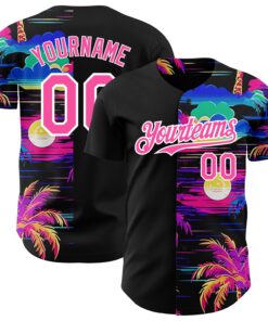 Custom Black Pink-White 3D Pattern Design Beach Hawaii Palm Trees Authentic Baseball Jersey