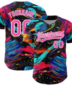 Custom Black Pink-White 3D Pattern Design Space With Planets And Rockets Authentic Baseball Jersey