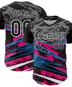 Custom Black Pink-White 3D Pattern Design Splatter Art Authentic Baseball Jersey