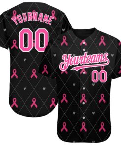 Custom Black Pink-White 3D Pink Ribbon Breast Cancer Awareness Month Women Health Care Support Authentic Baseball Jersey