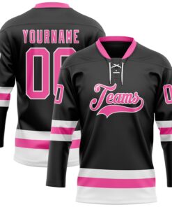 Custom Black Pink-White Hockey Lace Neck Jersey