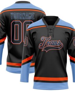 Custom Black Powder Blue-Orange Hockey Lace Neck Jersey