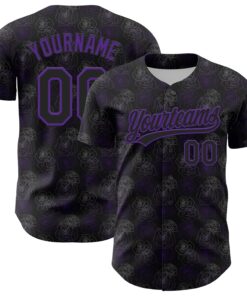 Custom Black Purple 3D Pattern Design Gothic Style Rose Authentic Baseball Jersey