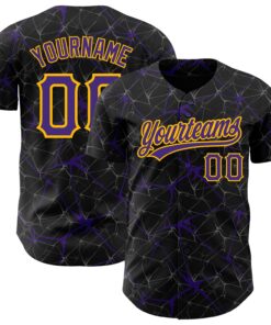 Custom Black Purple-Gold 3D Pattern Design Abstract Network Authentic Baseball Jersey
