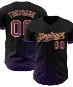 Custom Black Purple-Gold 3D Pattern Design Leopard Print Fade Fashion Authentic Baseball Jersey