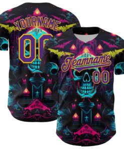 Custom Black Purple-Gold 3D Pattern Design Rave Skull Authentic Baseball Jersey