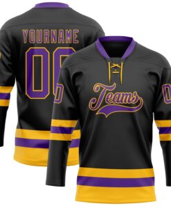 Custom Black Purple-Gold Hockey Lace Neck Jersey