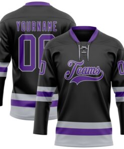 Custom Black Purple-Gray Hockey Lace Neck Jersey
