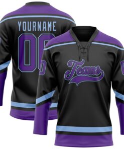 Custom Black Purple-Light Blue Hockey Lace Neck Jersey