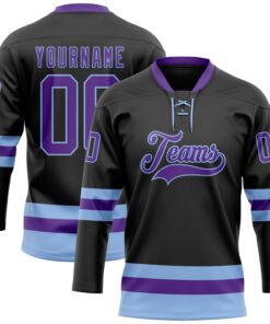 Custom Black Purple-Light Blue Hockey Lace Neck Jersey