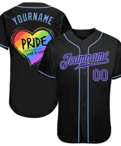 Custom Black Purple-Light Blue Rainbow Colored Heart For Pride Love Is Love LGBT Authentic Baseball Jersey